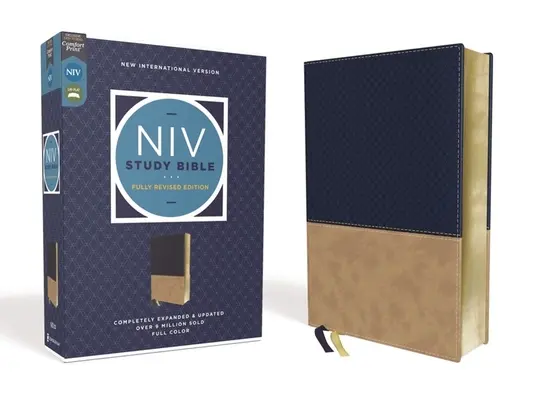 Biblia do studiowania NIV, w pełni poprawiona edycja, skórzana miękka, granatowa/brązowa, czerwona litera, wygodny nadruk - NIV Study Bible, Fully Revised Edition, Leathersoft, Navy/Tan, Red Letter, Comfort Print