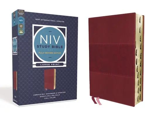 NIV Study Bible, w pełni poprawiona edycja, duży druk, skóra miękka, bordowy, czerwona litera, indeks kciukiem, wygodny druk - NIV Study Bible, Fully Revised Edition, Large Print, Leathersoft, Burgundy, Red Letter, Thumb Indexed, Comfort Print