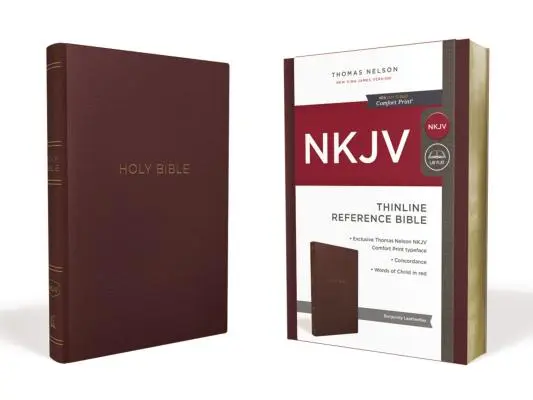 NKJV, cienkie wydanie biblijne, skórzane, bordowe, wydanie z czerwonymi literami, wygodny druk - NKJV, Thinline Reference Bible, Leather-Look, Burgundy, Red Letter Edition, Comfort Print