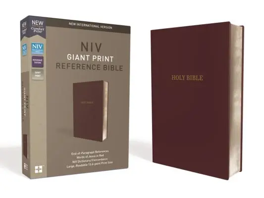 NIV, Biblia Powszechna, druk olbrzymi, skórzany, bordowy, wydanie z czerwonymi literami, wygodny druk - NIV, Reference Bible, Giant Print, Leather-Look, Burgundy, Red Letter Edition, Comfort Print