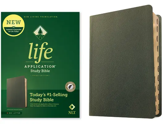 NLT Life Application Study Bible, wydanie trzecie (skóra naturalna, kolor zielony oliwkowy, z indeksem, czerwona litera) - NLT Life Application Study Bible, Third Edition (Genuine Leather, Olive Green, Indexed, Red Letter)